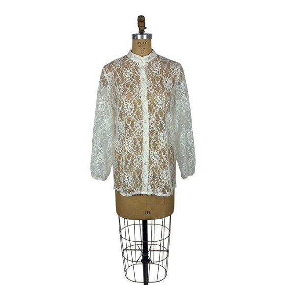 Blair Tops - Blair Lace Blouse Womens Medium Sheer Cream Long Sleeve Button Down Shirt